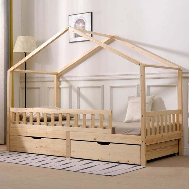 Portland Wood House 2 Drawer Natural Kids Bed Frame - Size: Single - Yellow - Wilko - image 1