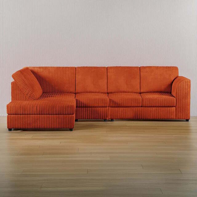 Luxor 4 Seater Orange Jumbo Cord Left Hand Facing Full Back L Shaped Corner Sofa Set - Wilko - image 1