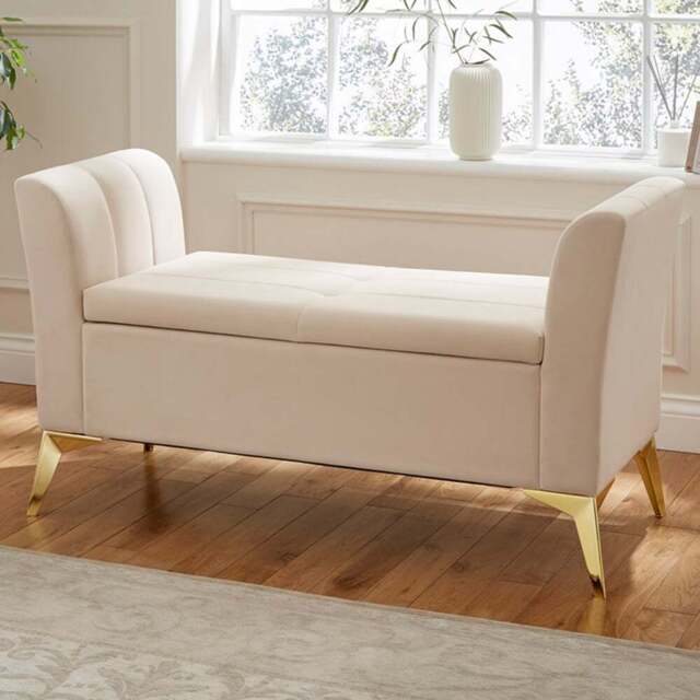 GFW Pettine Natural Plush Velvet Ottoman Storage Bench - Size: 67 x 121 x 45cm - Cream - Wilko - image 1
