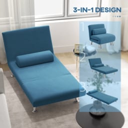 HOMCOM Single Blue Velvet Chair Bed with Adjustable Backrest - Wilko - thumbnail 6