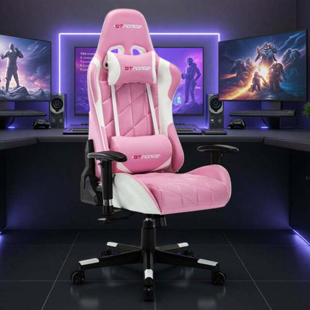 Furniture Online Pro Gt Pink Faux Leather Reclining Gaming Chair - Size: 128 x 67 x 53cm - Wilko - image 1