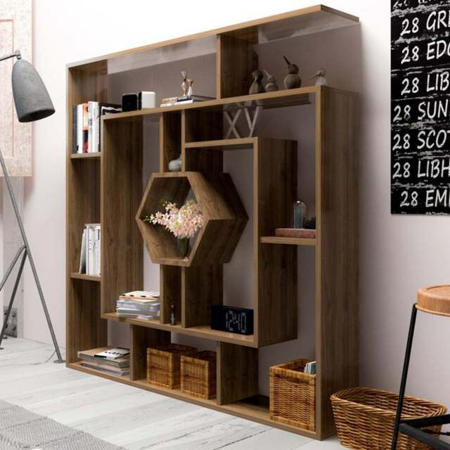 Decorotika Labrina 12 Shelf Walnut Hexagonal Geometric Bookcase - Size: 134 x 134 x 22cm - Brown - Wilko - image 1