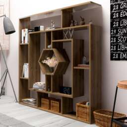 Decorotika Labrina 12 Shelf Walnut Hexagonal Geometric Bookcase - Size: 134 x 134 x 22cm - Brown - Wilko