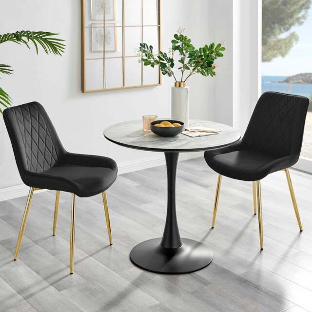 Furniturebox Elissa Cesano Marble Effect 2 Seater Round Dining Set White Black and Gold - Wilko - image 1