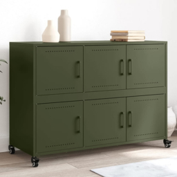 vidaXL 6 Door Olive Green Metal Sideboard with Wheels - Size: 72 x 100.5 x 39cm - Wilko - thumbnail 1