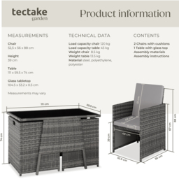 tectake Lausanne 2 Seater Rattan Garden Bistro Set Grey - Wilko - thumbnail 7