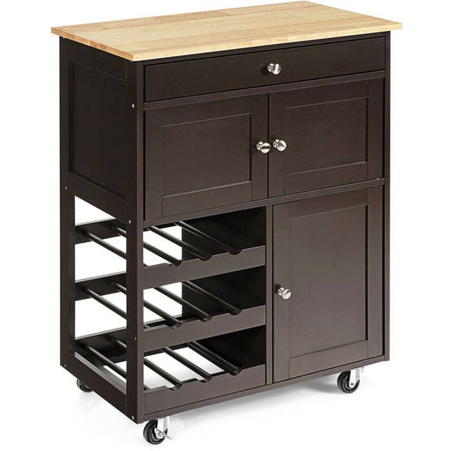 Costway 3 Door Single Drawer Brown Kitchen Trolley Cart - Size: 91.4 x 45.7 x 27.94cm - Wilko - image 1