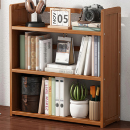 Living and Home 3 Shelf Brown Bamboo Desktop Bookshelf with Guardrail - Wilko