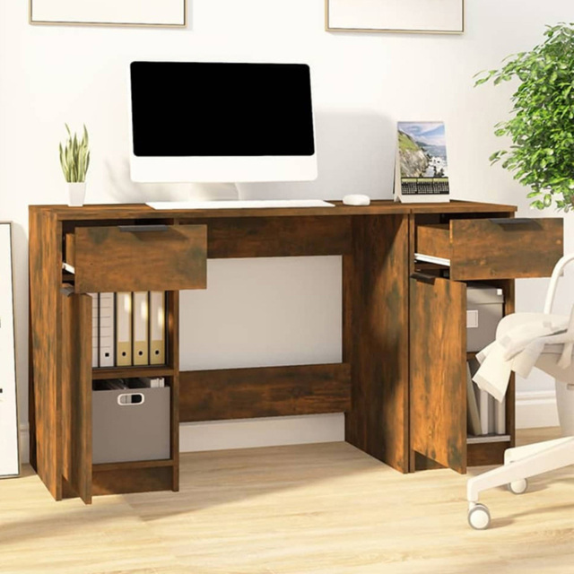 vidaXL 2 Door 2 Drawer Computer Desk Smoked Oak - Size: 75 x 133.5 x 50cm - Brown - Wilko - image 1