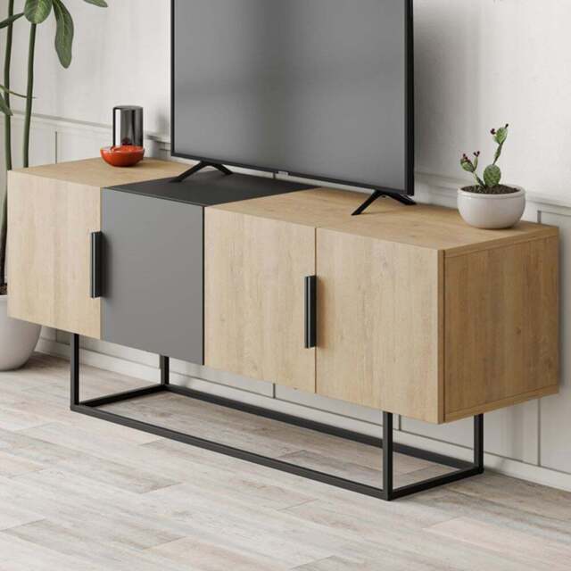 Decortie Tontini 4 Door Oak and Anthracite Grey TV Unit - Size: 55 x 140 x 37.5cm - Multi - Wilko - image 1