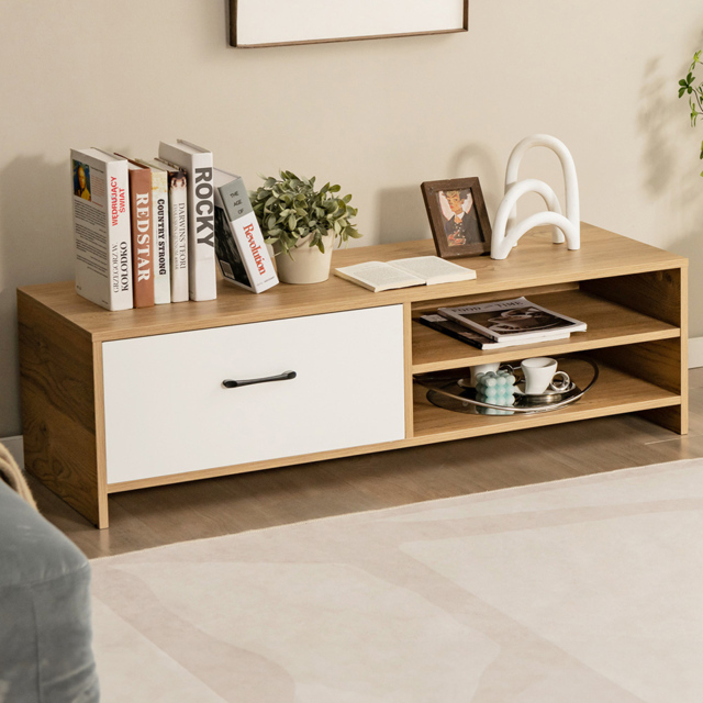 Costway Single Drawer 2 Shelf Natural and White TV Stand - Size: 133 x 55 x 17cm - Multi - Wilko - image 1