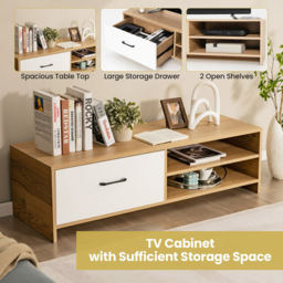 Costway Single Drawer 2 Shelf Natural and White TV Stand - Size: 133 x 55 x 17cm - Multi - Wilko - thumbnail 6