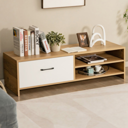 Costway Single Drawer 2 Shelf Natural and White TV Stand - Size: 133 x 55 x 17cm - Multi - Wilko