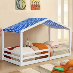 Brooklyn Single White Wooden House Style Bed with Blue Tent - Wilko