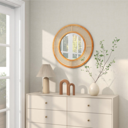Costway Natural Rattan Round Wall Mirror 65cm - Size: 65 x 65cm - Cream - Wilko - thumbnail 3