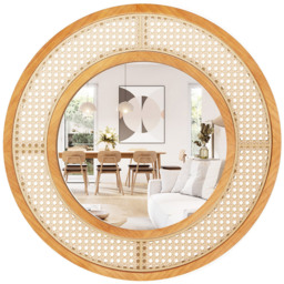 Costway Natural Rattan Round Wall Mirror 65cm - Size: 65 x 65cm - Cream - Wilko - thumbnail 4