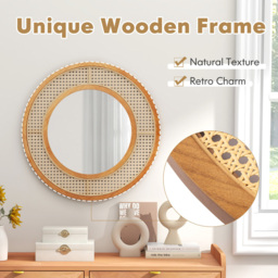 Costway Natural Rattan Round Wall Mirror 65cm - Size: 65 x 65cm - Cream - Wilko - thumbnail 7