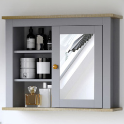 Kleankin Grey and Brown Single Door Mirror Bathroom Cabinet - Size: 60 x 19 x 49cm - Wilko