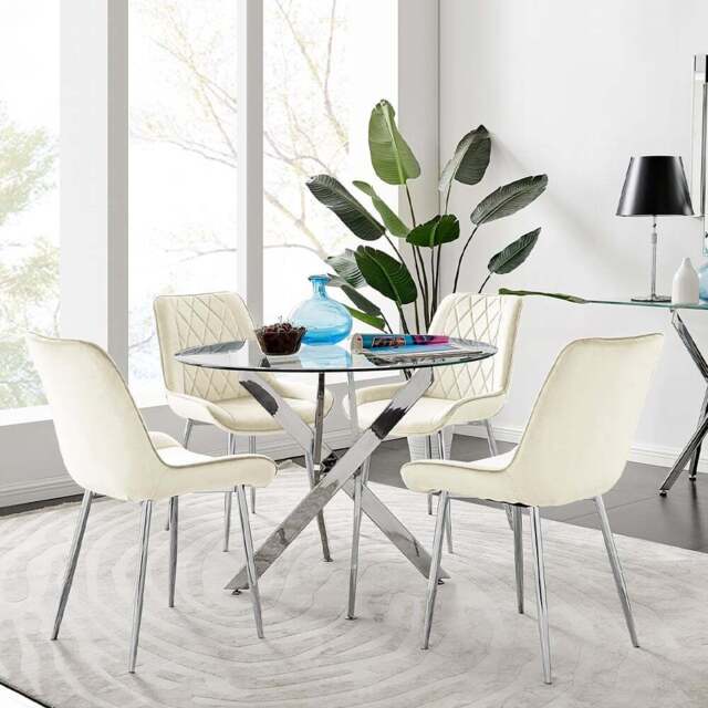 Furniturebox Arona Pesaro 4 Seater Round Dining Set Cream and Chrome - Wilko - image 1