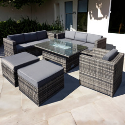 Oseasons Malta 9 Seater Grey Walnut Rattan Rising Firepit Corner Sofa Set with 2 Footstool - Brown - Wilko - thumbnail 1