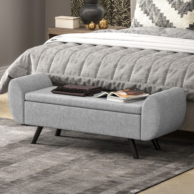 Portland Grey Linen Upholstered Ottoman Storage Bench with Armrest - Size: 44.5 x 30 x 105cm - Dark Grey - Wilko - image 1