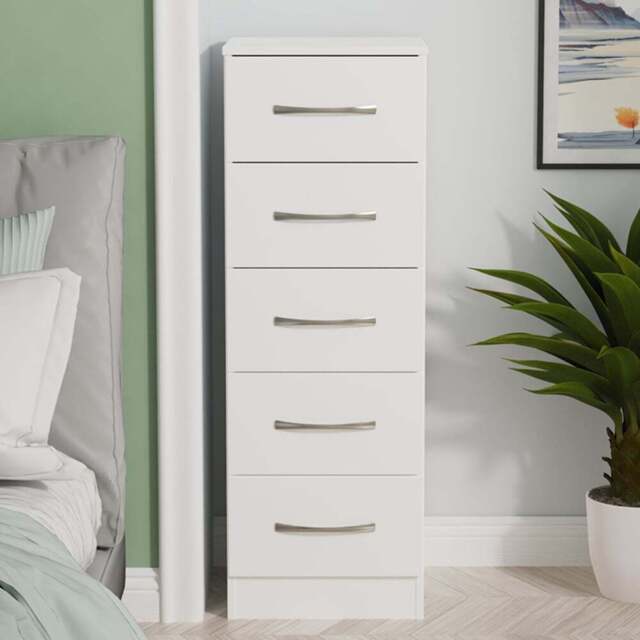 Crowndale Avon 5 Drawer White Matt Tall Bedside Cabinet Ready Assembled - Wilko - image 1
