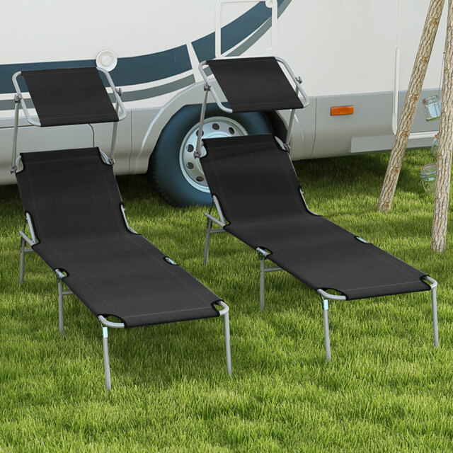 Outsunny Set of 2 Black 4 Level Adjustable Folding Sun Lounger with Sunshade - Size: 36 x 58 x 187cm - Wilko - image 1