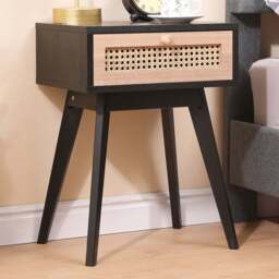 FurnitureHMD Single Drawer Black and Natural Rattan Weaving Side Table with Pine Wood Legs - Size: 54.5 x 40 x 30cm - Black+Naural - Wilko