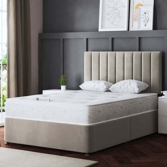DS Living Amelia Small Double Beige Upholstered Panel Divan Bed with 4 Drawer - Cream - Wilko - image 1