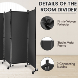 Costway 4 Panel Grey Folding Room Divider with Wheels - Size: 109 x 12 x 12cm - Wilko - thumbnail 6