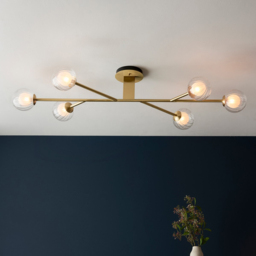Merano Rome 6 Light Glass Satin Brass Plate Semi Flush Ceiling Light - Size: 120.5 x 60 x 23cm - Brown - Wilko - thumbnail 3
