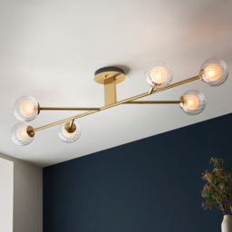 Merano Rome 6 Light Glass Satin Brass Plate Semi Flush Ceiling Light - Size: 120.5 x 60 x 23cm - Brown - Wilko - thumbnail 7