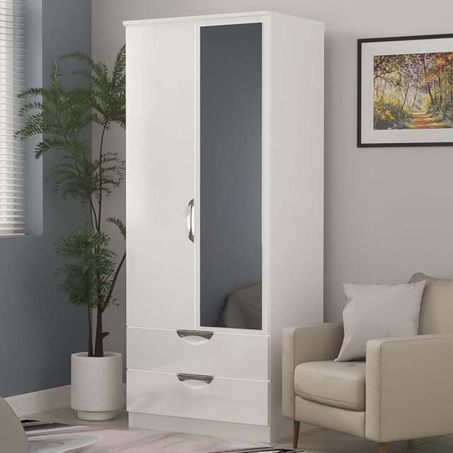 Crowndale Camden 2 Door 2 Drawer White Gloss and White Mirrored Wardrobe Ready Assembled - White Gloss & White - Wilko - image 1