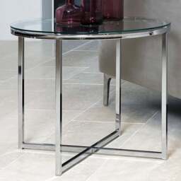 Florence Cross Round Glass Top Metal Side Table - Silver - Furniture To Go - Wilko