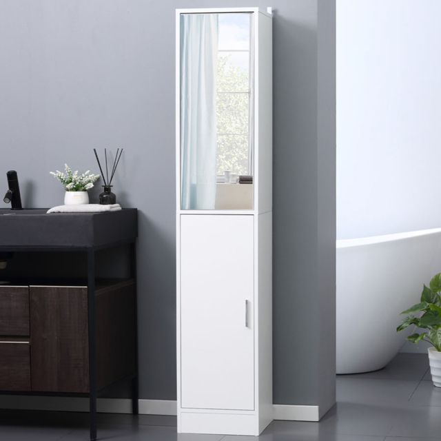 Kleankin 2 Door White Mirrored Tall Floor Cabinet - Size: 32 x 28 x 162cm - Wilko - image 1