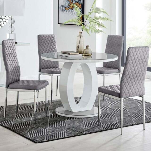 Furniturebox Lucia Valera 4 Seater Round Dining Set Grey Gloss and Chrome - Wilko - image 1