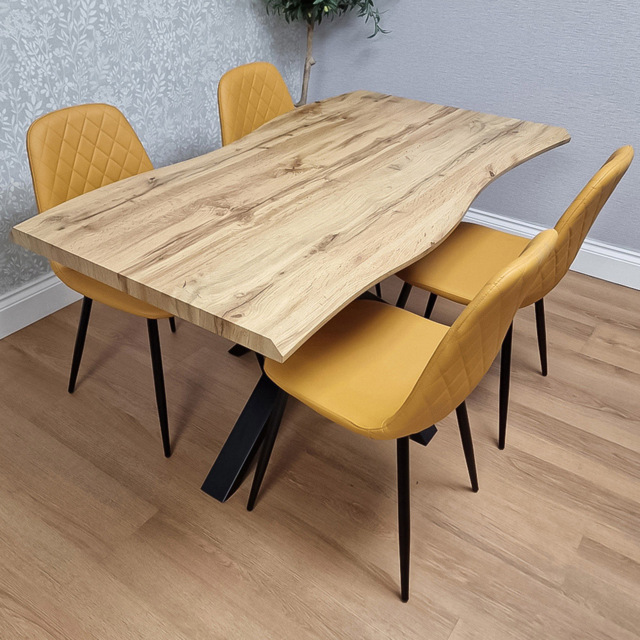 Portland 4 Seater Gem Pattern Faux Leather Wooden Tabletop Dining Set Mustard - Wilko - image 1