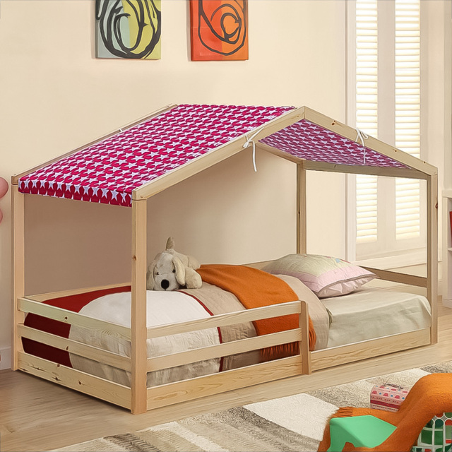 Brooklyn Single Natural Wooden House Style Bed with Red Tent - Cream - Habitat - Wilko - image 1