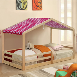 Brooklyn Single Natural Wooden House Style Bed with Red Tent - Cream - Wilko