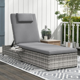 Outsunny Grey Rattan Reclining Sun Lounger with Cushions - Size: 196 x 62 x 35cm - Wilko - thumbnail 1