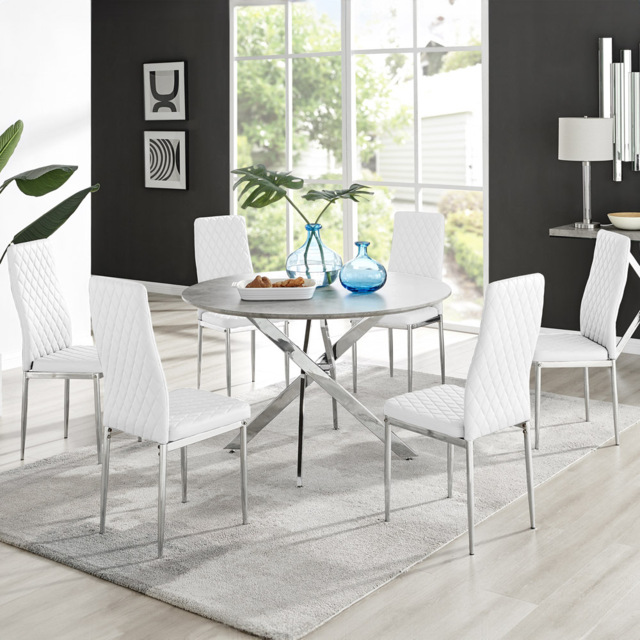 Furniturebox Arona Valera Concrete Effect 6 Seater Round Dining Set Grey White and Chrome - Wilko - image 1