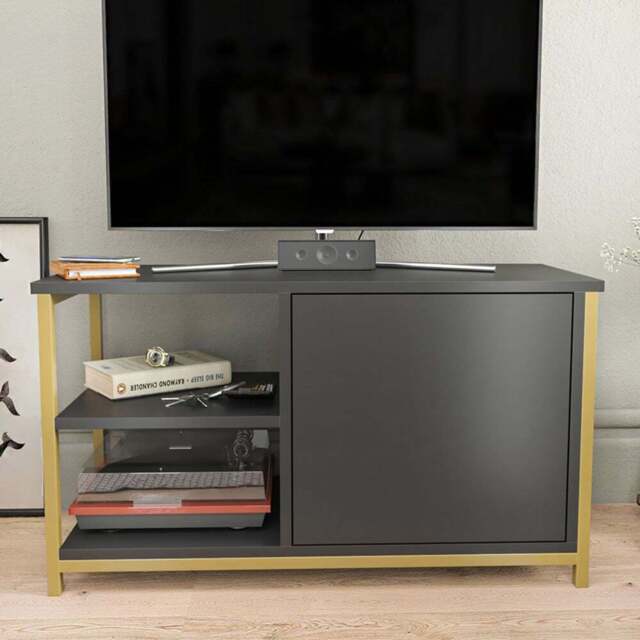 Decorotika Muskegon Single Door and 2 Open Shelf Gold and Anthracite TV Unit - Size: 51 x 90 x 36cm - Multi - Wilko - image 1