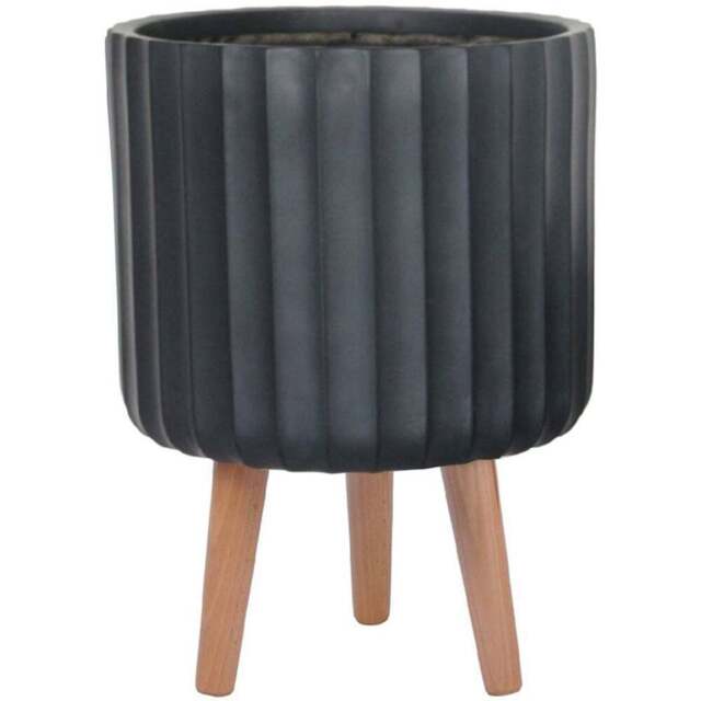 wilko Modern Ribbed Black Indoor Cylinder Plant Pot with Legs 41cm - Instadecor - image 1