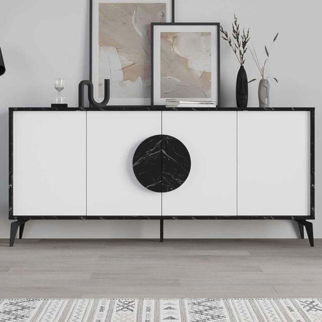 Decortie Gora 4 Door Black and White Marble Effect Sideboard - Size: 82 x 180 x 35.6cm - Multi - Wilko - image 1