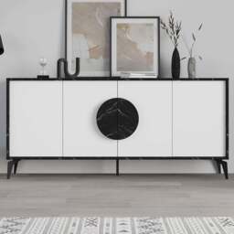 Decortie Gora 4 Door Black and White Marble Effect Sideboard - Size: 82 x 180 x 35.6cm - Multi - Wilko