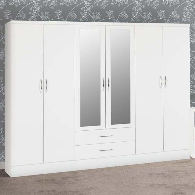 Seconique Nevada 6 Door 2 Drawer Gloss White Wardrobe - Size: 6 Door, 2 Drawer - Wilko - image 1