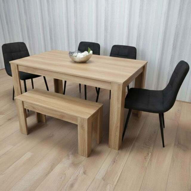 Portland 6 Seater Square Velvet Dining Table Set Oak Effect and Black - Multi - Wilko - image 1
