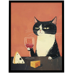 Artery8 Tuxedo Cat Drinking Wine Cheese Painting Framed Wall Art Print 30 x 41cm - Size: 43.3 x 33.3 x 1.5cm - Orange - Wilko - thumbnail 1