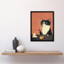 Artery8 Tuxedo Cat Drinking Wine Cheese Painting Framed Wall Art Print 30 x 41cm - Size: 43.3 x 33.3 x 1.5cm - Orange - Wilko - thumbnail 3