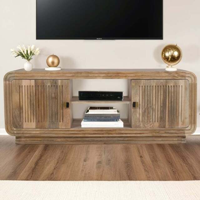 Brooklyn Hudson 2 Door 2 Shelf Carved Mango Wood TV Unit - Brown - Wilko - image 1